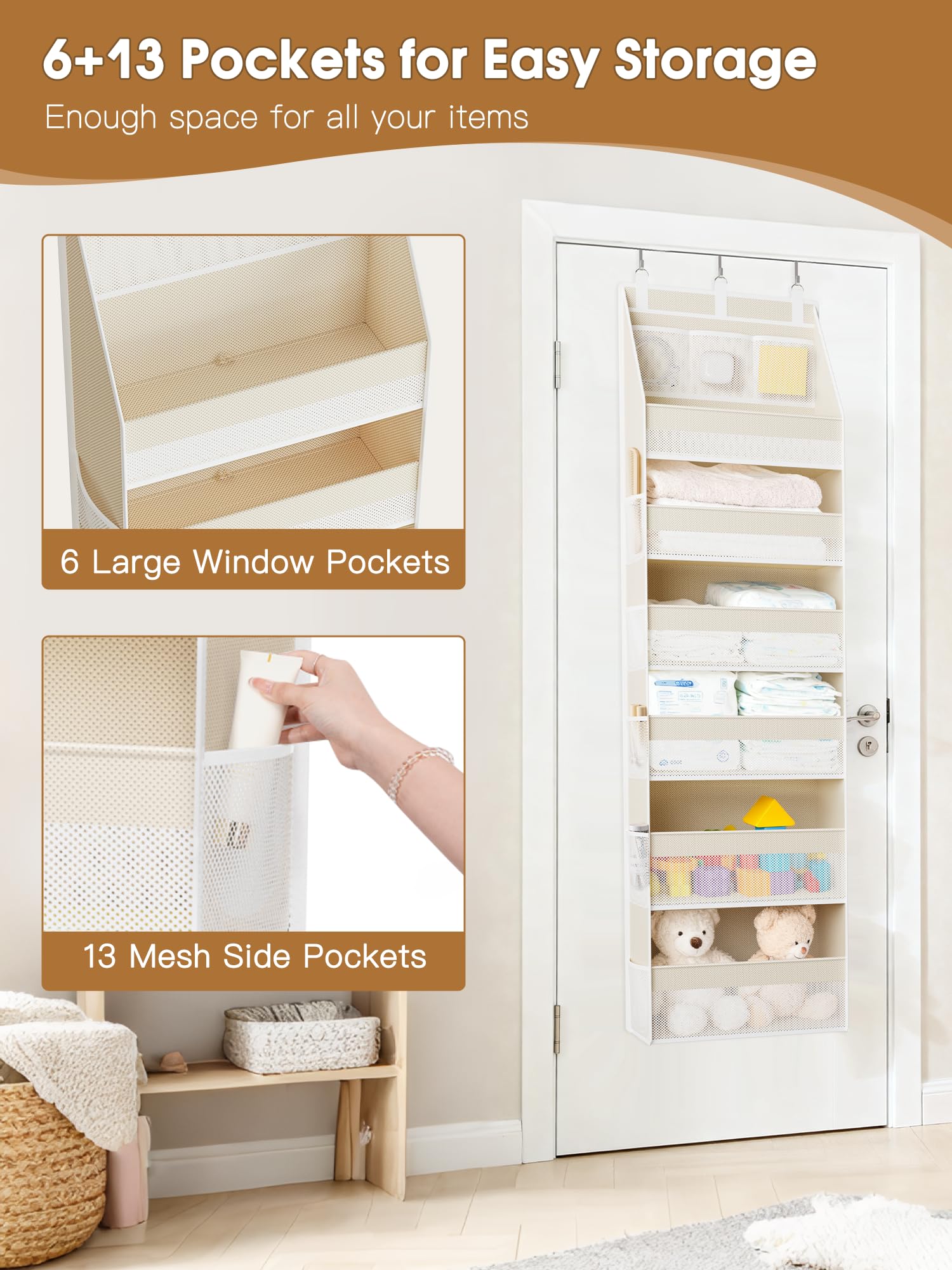 Criusia Over the Door Organizer, 6-Shelf Closet Hanging Storage with 13 Mesh Pockets, 55lbs