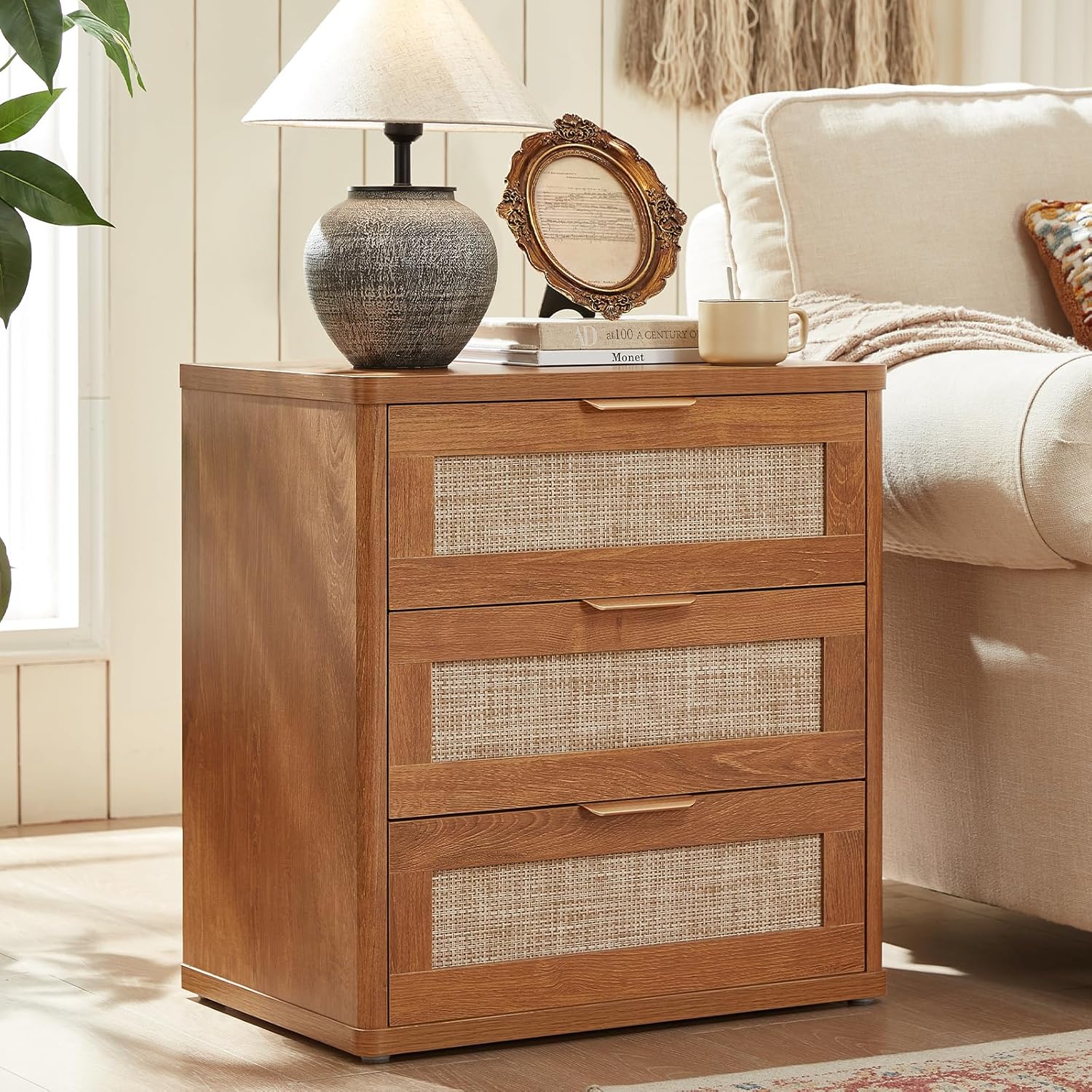 LEYAOYAO Rattan Night Stand Set of 2 with Drawers, 23" Large 3 Drawer Boho Nightstand, Natural Wood