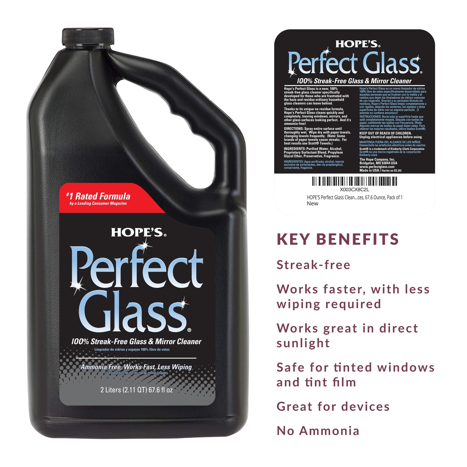 HOPE'S Perfect Glass Cleaner Spray Refill, Streak-Free, Ammonia-Free Window, Mirror, Screen, Tinted