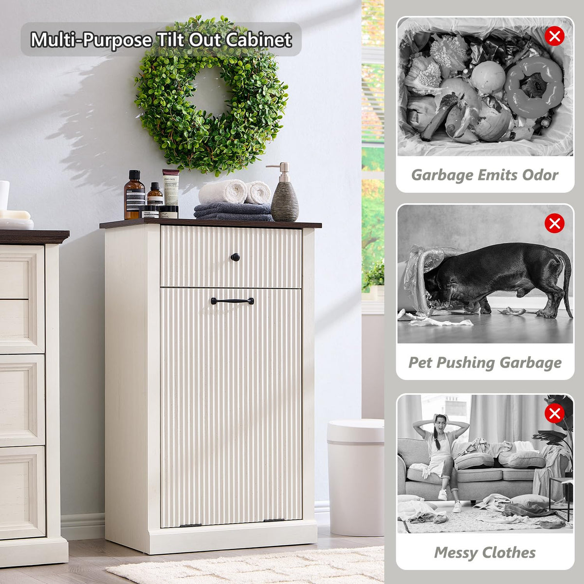 Modern Tilt-Out Trash Can Cabinet, 10 Gallon Fluted Laundry Hamper Cabinet with Drawers, Wooden