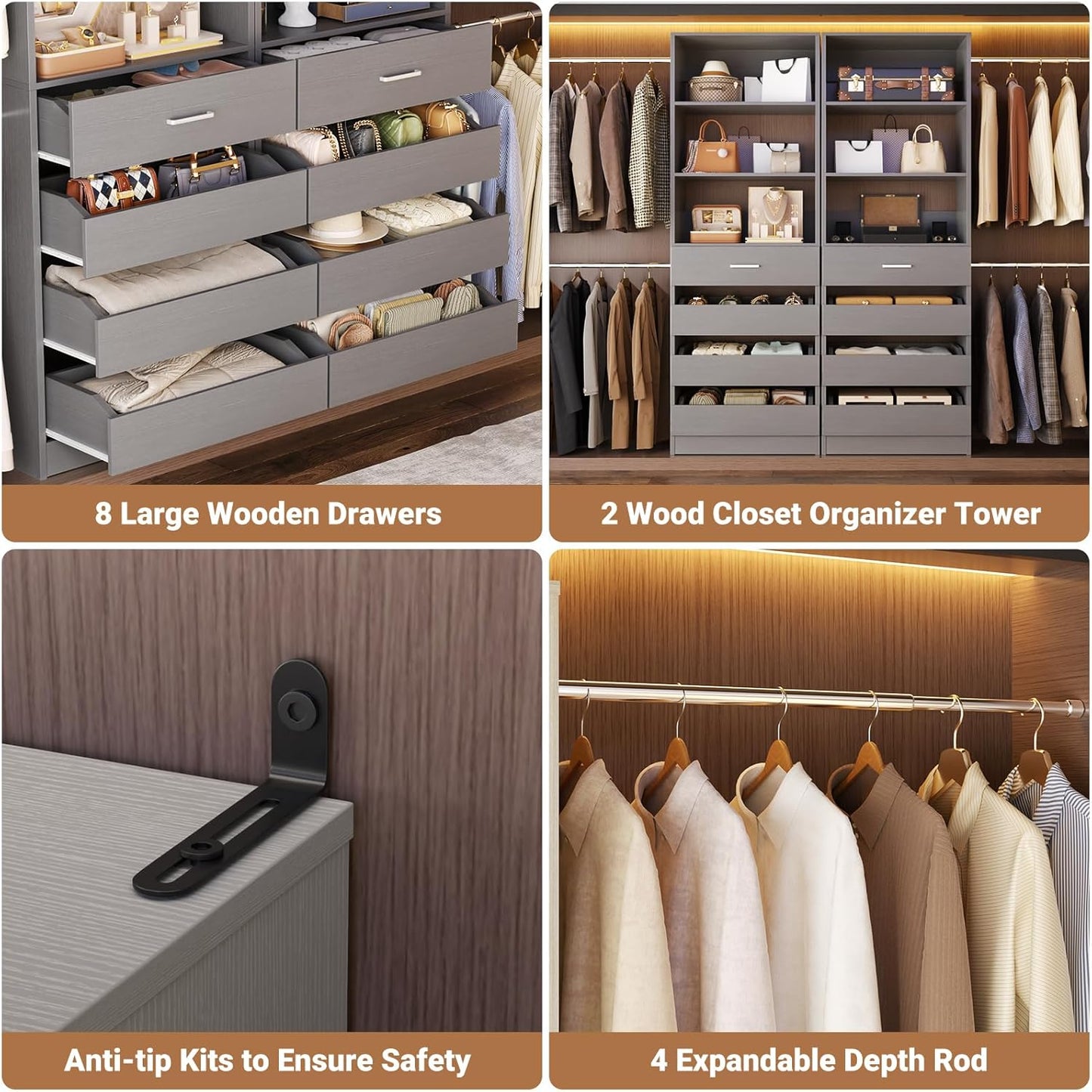 Aheaplus Closet System, 6-15Ft Closet Organizer with 8 Wooden Drawers, Wood Closet Organizer System