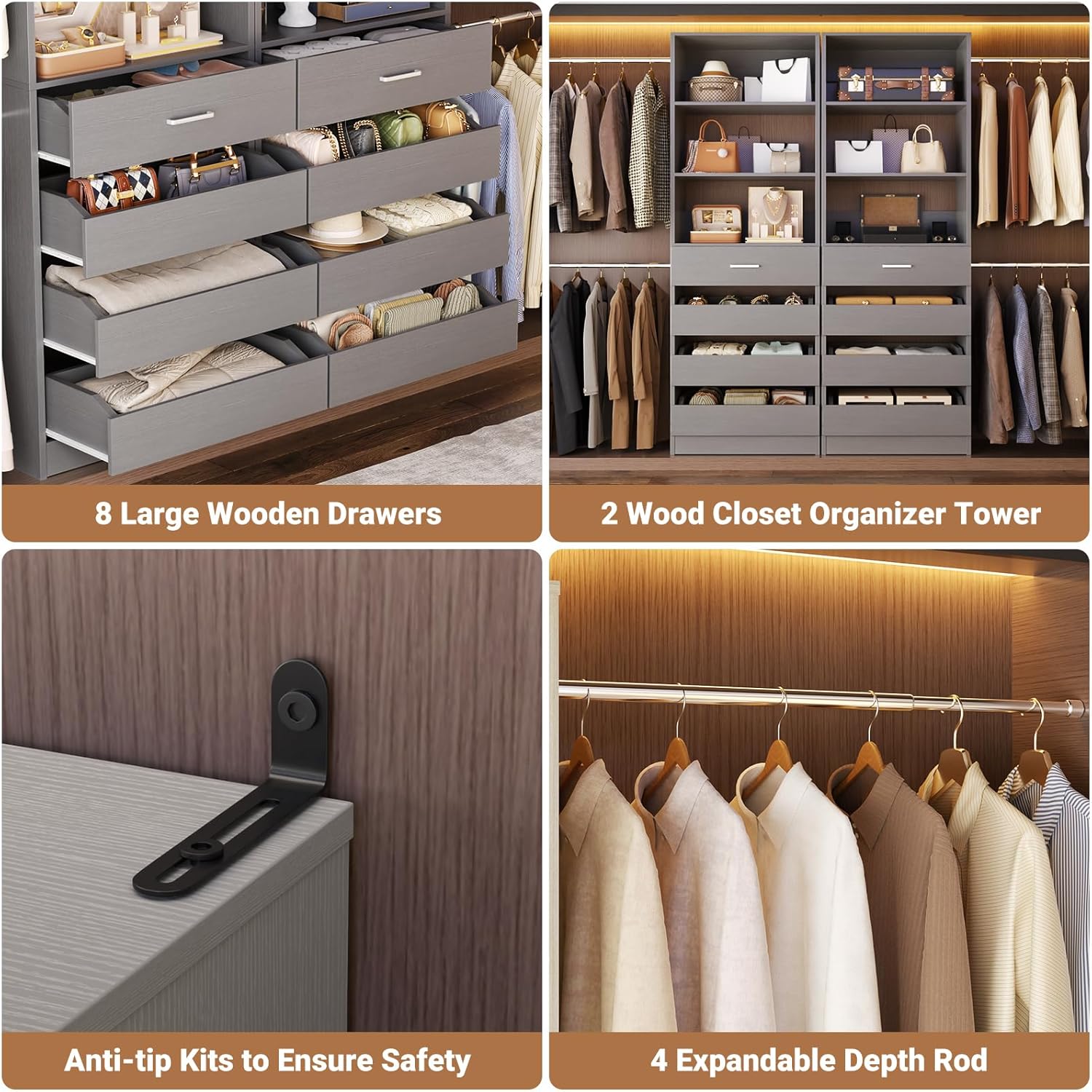 Aheaplus Closet System, 6-15Ft Closet Organizer with 8 Wooden Drawers, Wood Closet Organizer System