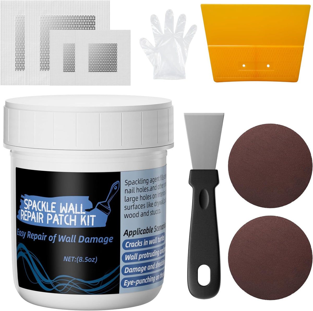 Oriflame Drywall Repair Kit: 8.5 Ounce Spackle Wall Repair with Patch/Scraper/Sandpaper/Gloves