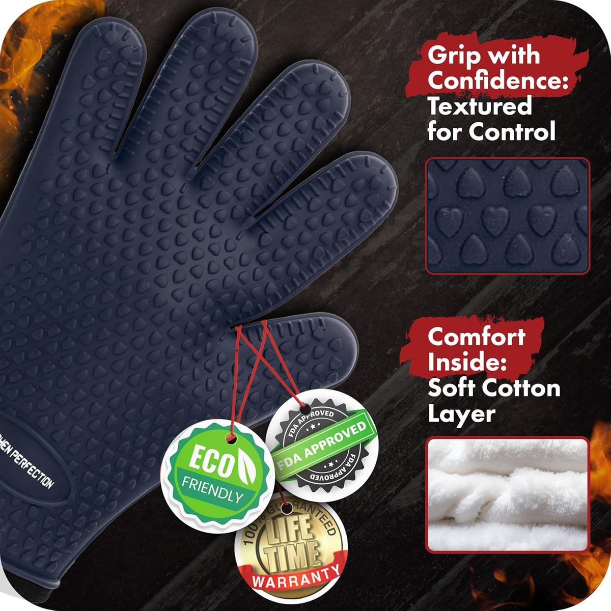 KITCHEN PERFECTION XL Silicone Smoker Oven Gloves-Extreme Heat Resistant BBQ Gloves-Handle Hot Food