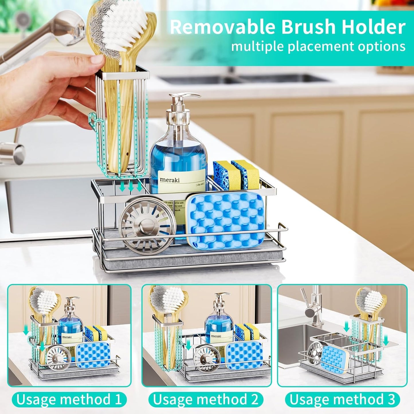 HapiRm Sink Caddy Sponge Holder - Kitchen Sink Organizer with Instant Drying Stone and Brush