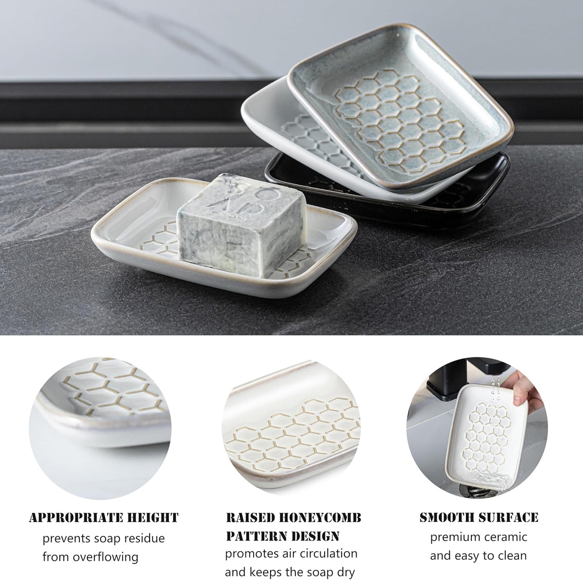 Gomakren Soap Dish for Shower, Bar Soap Holder, Ceramic Soap Dishes for Bar Soap, Sponge Holder
