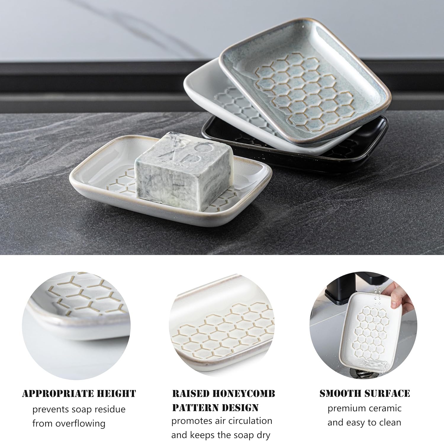 Gomakren Soap Dish for Shower, Bar Soap Holder, Ceramic Soap Dishes for Bar Soap, Sponge Holder