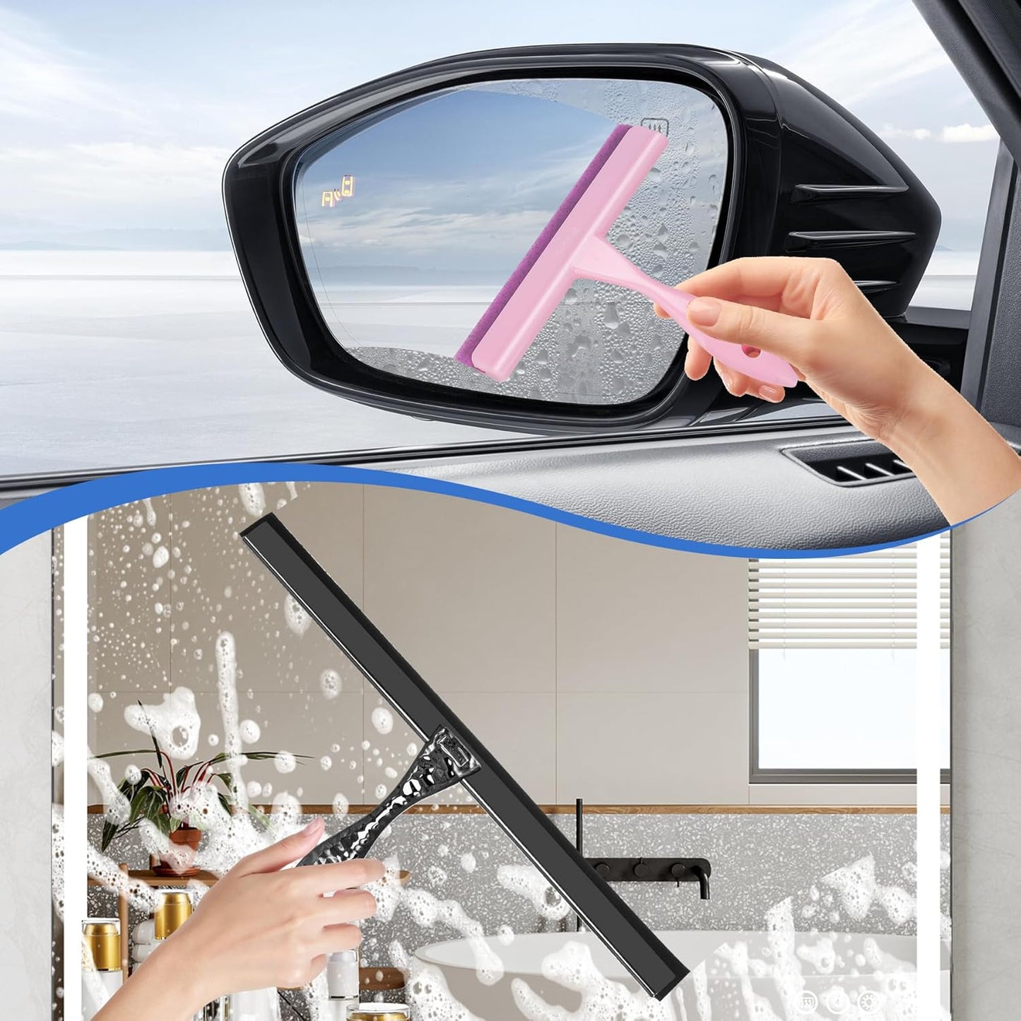 All-Purpose Silicone Shower Squeegee for Shower Glass Door,with 2 Hooks & Pink Mini Squeegee,for