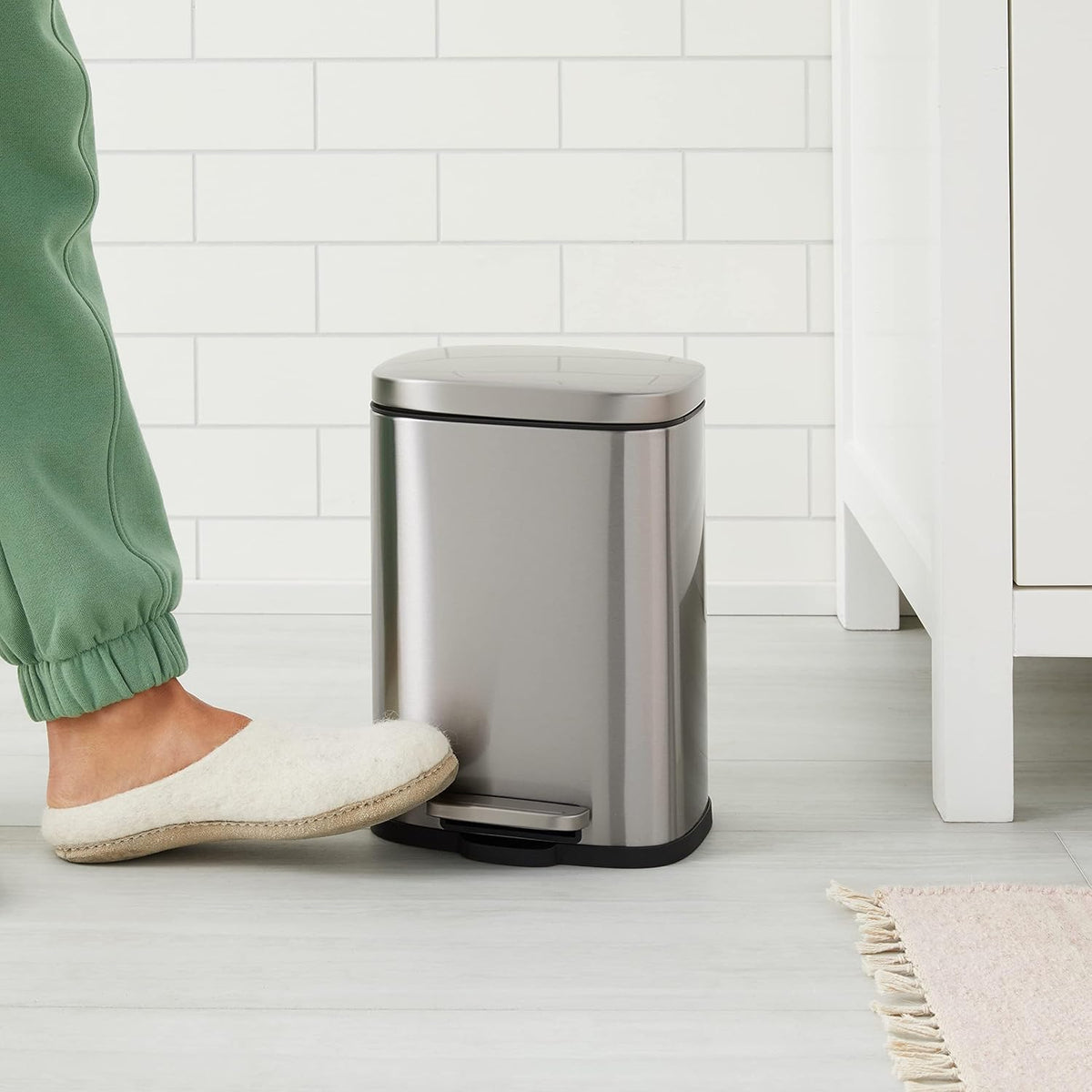 Amazon Basics Smudge Resistant Mini Rectangular Trash Can With Soft-Close Foot Pedal, Brushed