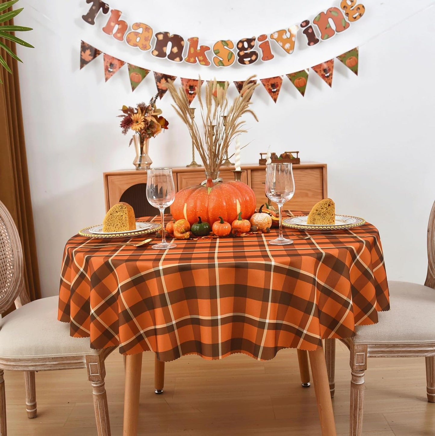 Waterproof Plaid Tablecloth Fabric - Round 58 Inch Classic Gingham Checker Table Cloth for