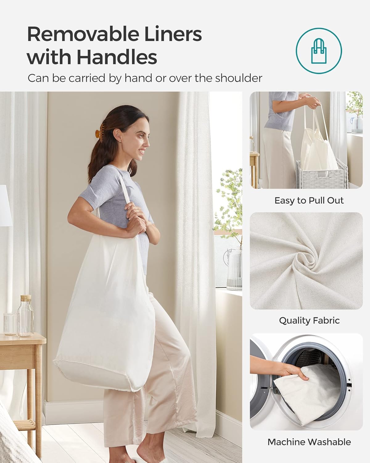 SONGMICS Laundry Hamper with Lid, 110L Clothes Hamper with 2 Removable Liner Bags, 6 Mesh Bags