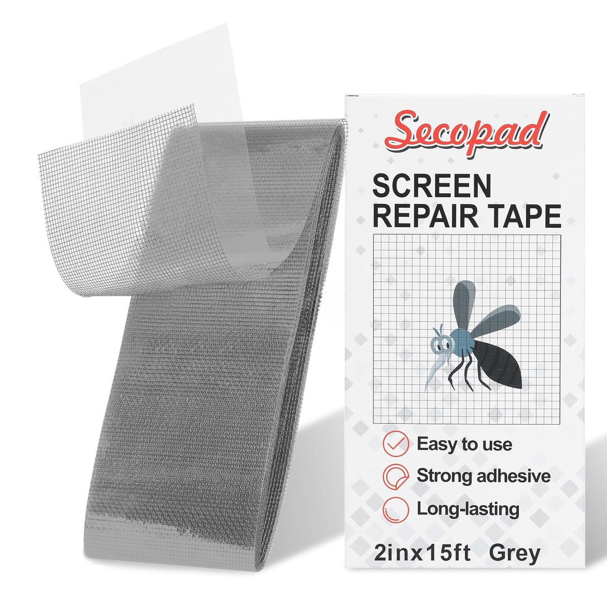 Grey Screen Repair Tape, 2" X 180" (15FT) Window Screen Door Repair Kit, Strong Adhesive Fiberglass