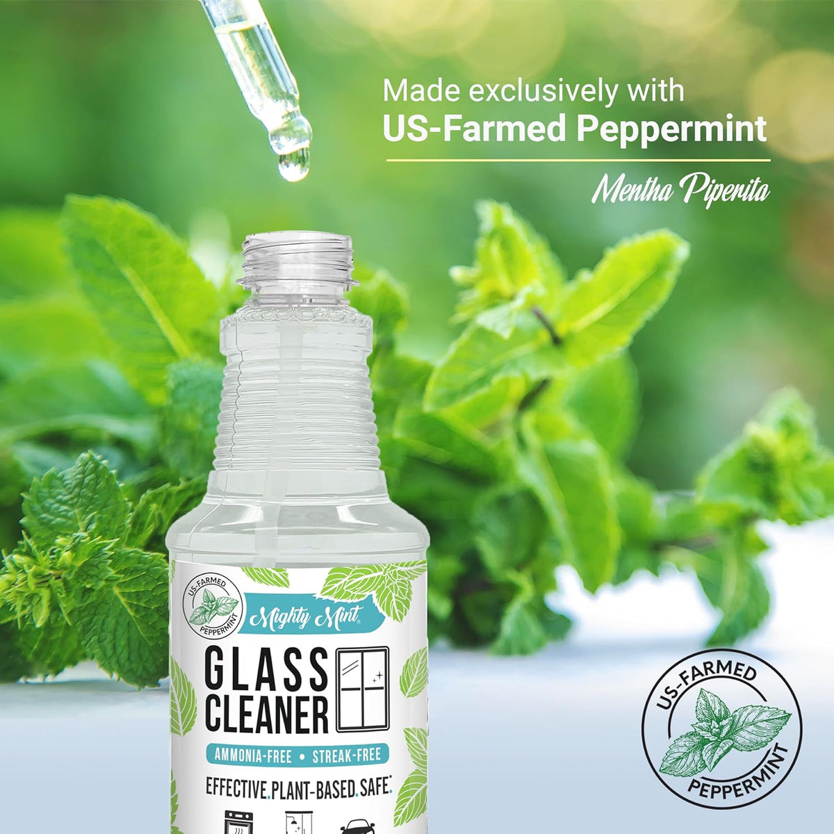 Mighty Mint Glass Cleaner, Ammonia-Free, Streak-Free Spray for Windows, Screens, Stovetop