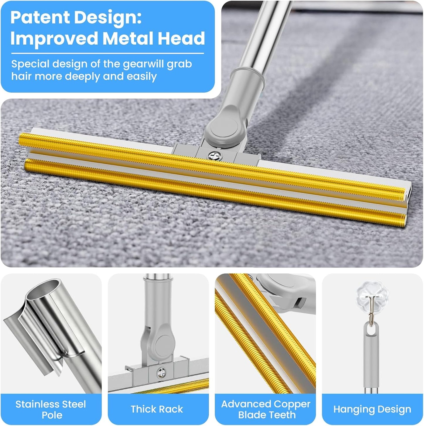 3 in 1 Carpet Rake for Pet Hair Removal, Tool Set of 3, 55” Long Handle Carpet Pet Hair Removal