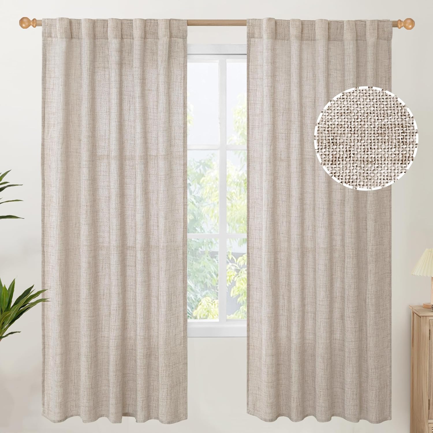 YoungsTex Natural Linen Semi Sheer Curtains 72 Inch Length 2 Panels for Living Room, Light