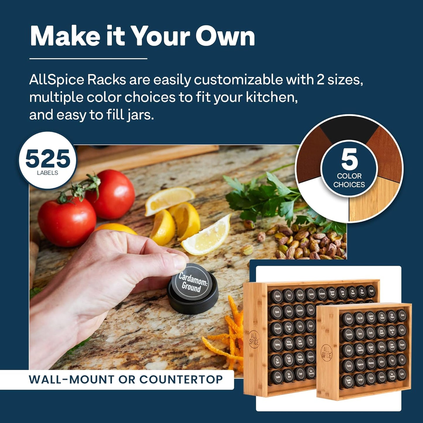 AllSpice Spice Rack Organizer, Wood, 525 Unique Labels, Countertop or Wall Mount, Includes 30 4oz