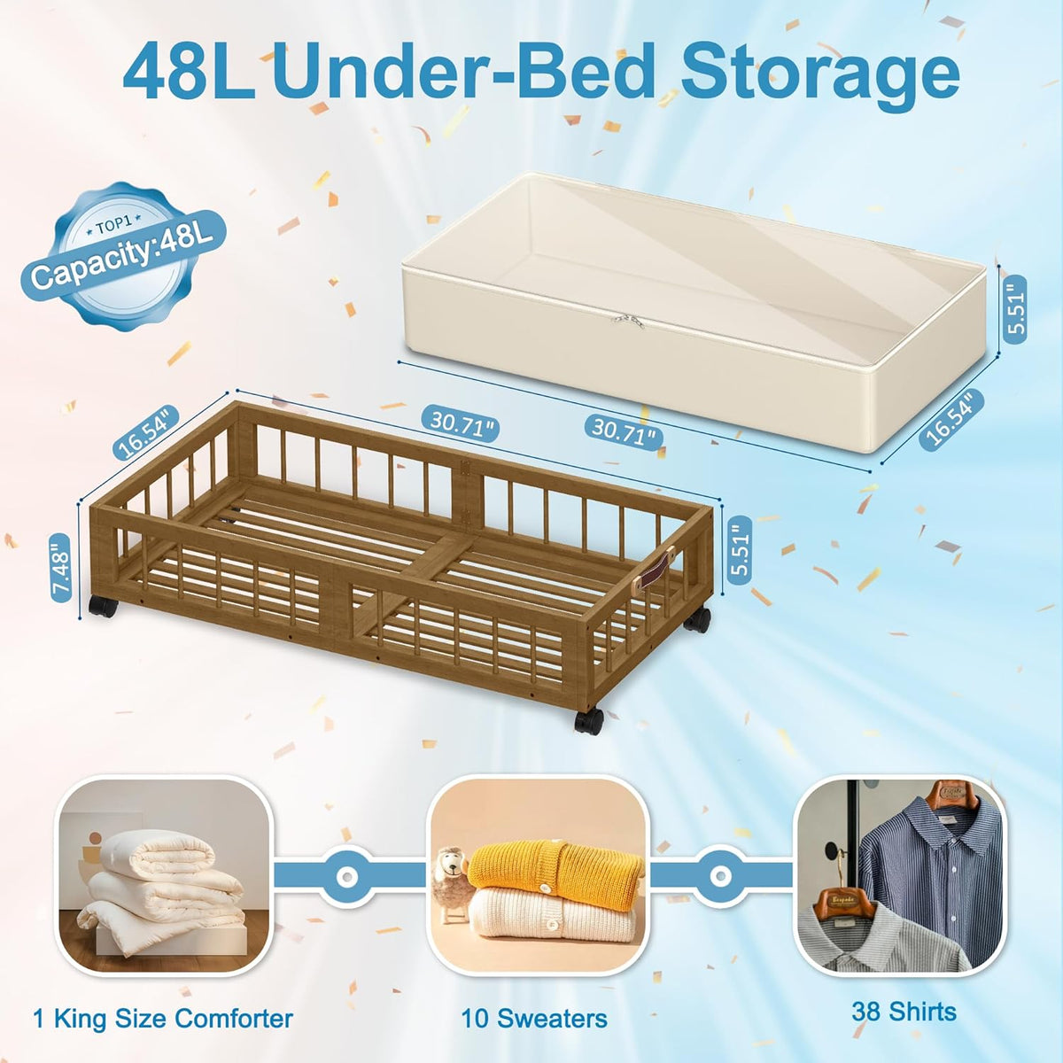 efluky 2-Pack Bamboo Under Bed Storage with Wheels, Rolling UnderBed Storage Basket with Large Dust