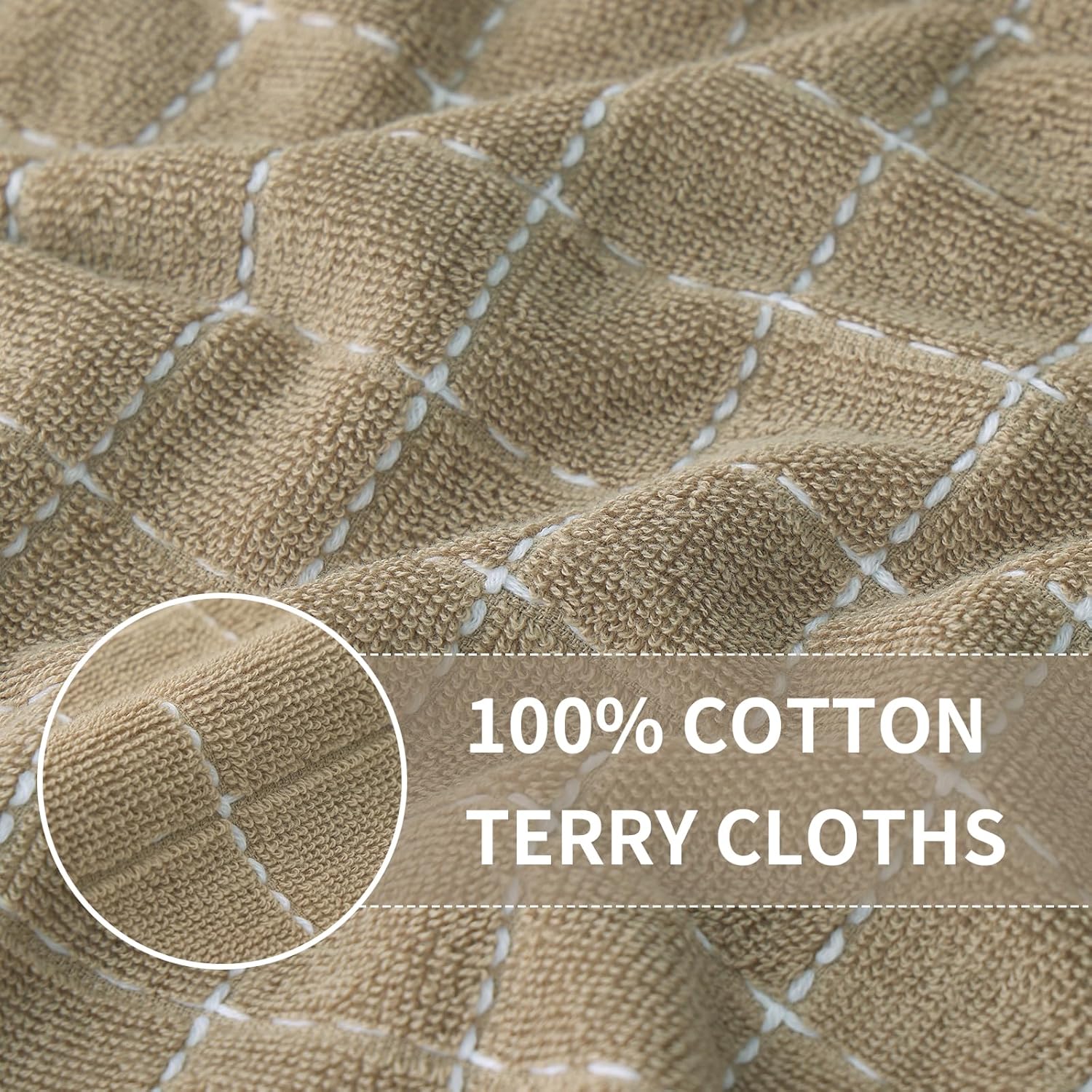 Homaxy 100% Cotton Terry Kitchen Towels(Tan, 13 x 28 inches), Checkered Designed, Soft and Super