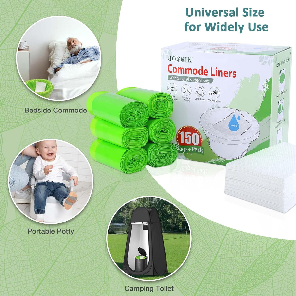Bedside Commode Liners, 150 Bags + 150 Pads for Bedside Toilet Chair Bucket, Super Absorbent