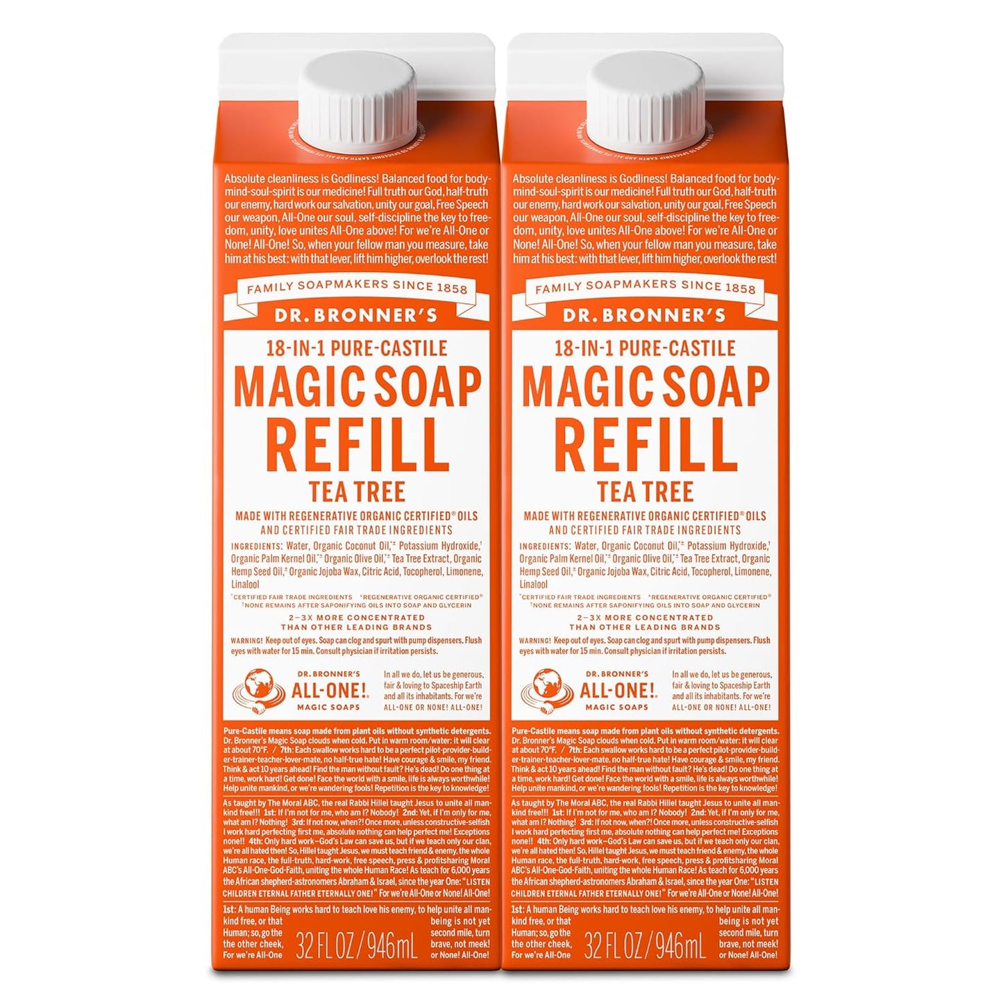 Dr. Bronner's Magic Soap-Pure-Castile Liquid Soap Refill (Tea Tree, 32 ounce, 2-Pack)-Regenerative