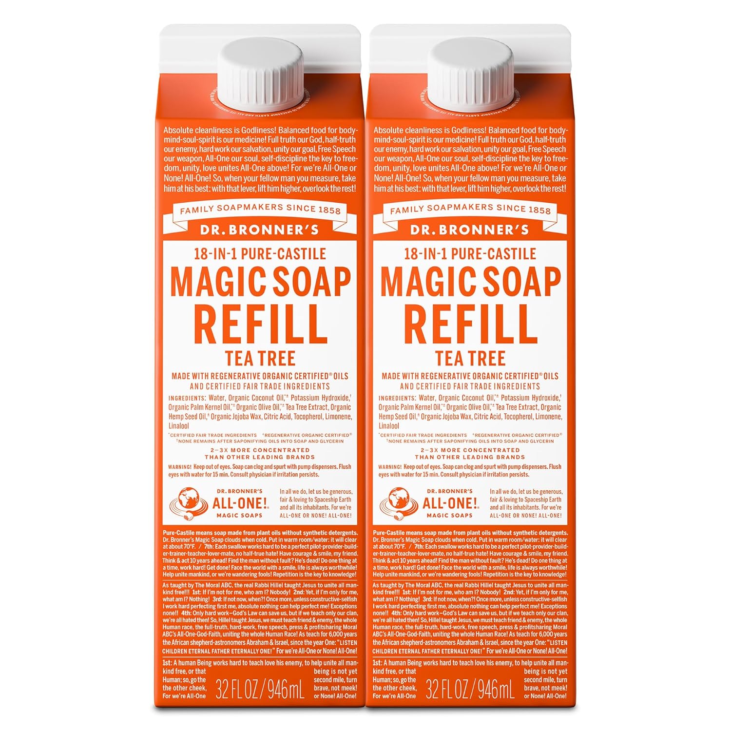 Dr. Bronner's Magic Soap-Pure-Castile Liquid Soap Refill (Tea Tree, 32 ounce, 2-Pack)-Regenerative