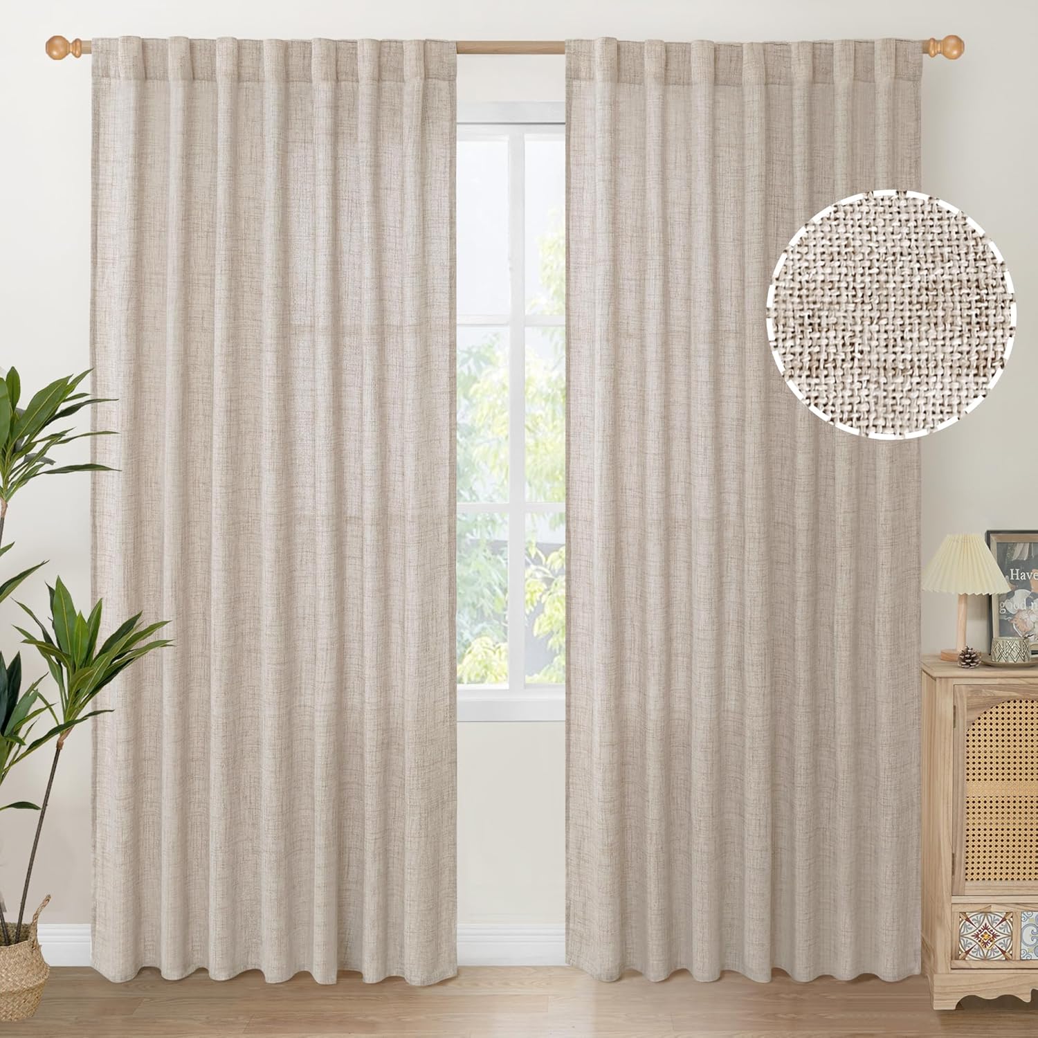 YoungsTex 60 Inch Wide Natural Linen Curtains 84 Inch Length for Living Room Back Tab Rod Pocket