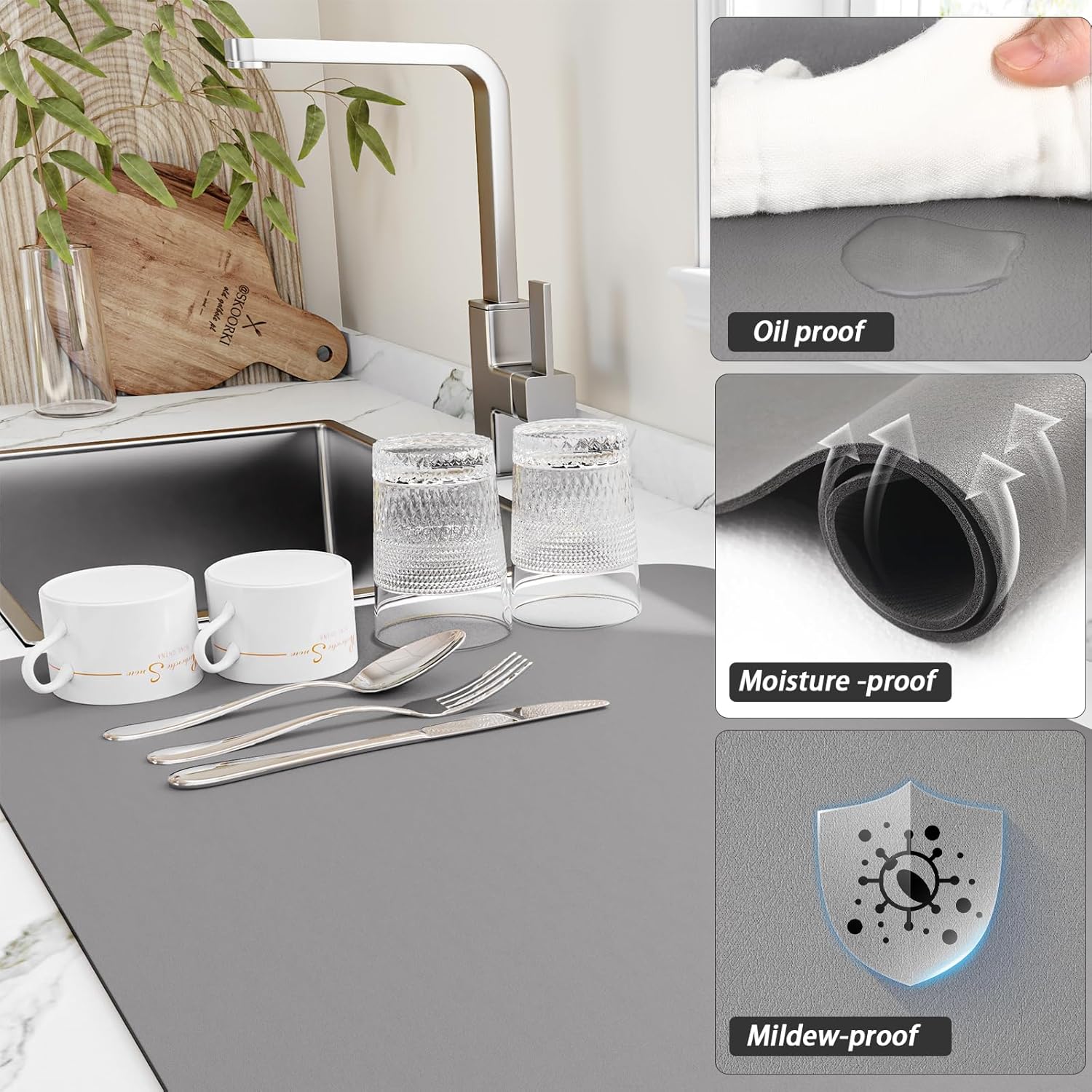 Dish Drying Mat for Kitchen Counter, Heat Resistant Drainer Mats with Non-slip Rubber Backed, Hide