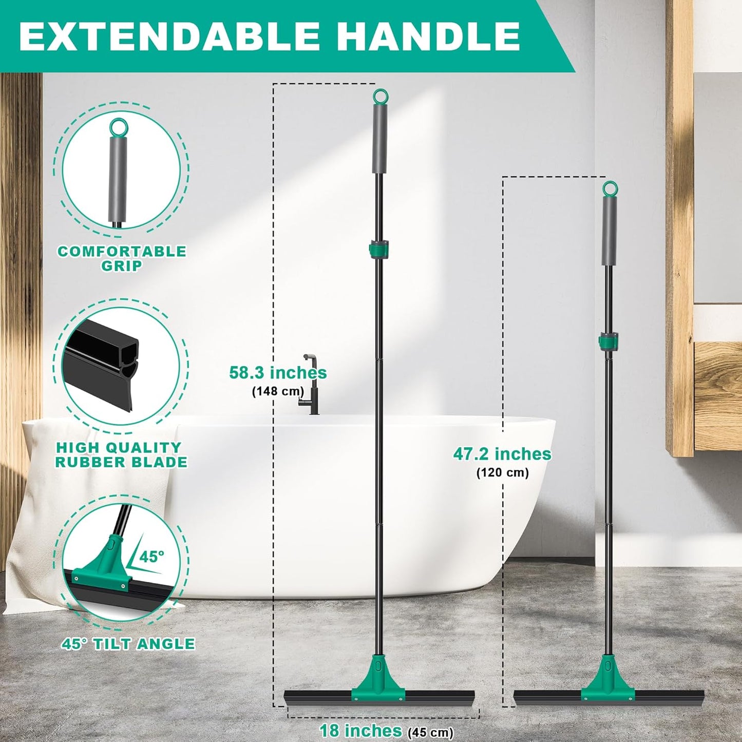 JEHONN Floor Squeegee Heavy Duty with 58.3 inches Long Handle, Rubber Scraper Broom for Cleaning