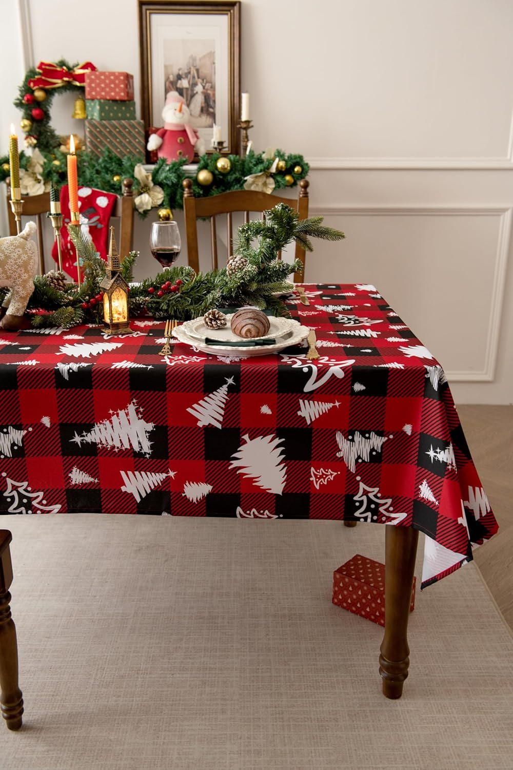 Waterproof Checkered Tablecloth Fabric - Rectangle 58x84 Inch Christmas Tree Table Cloth for