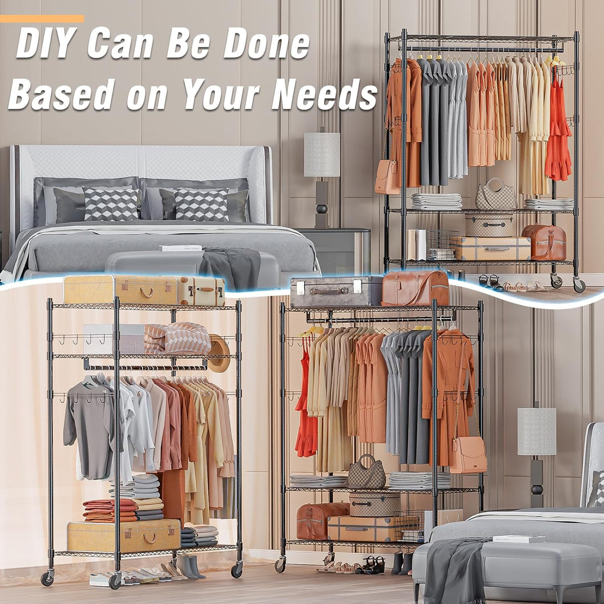 Homdox 3 Tier Heavy Duty Garment Rack with Wheels, Adjustable Wire Clothes Rack with Double Hanging