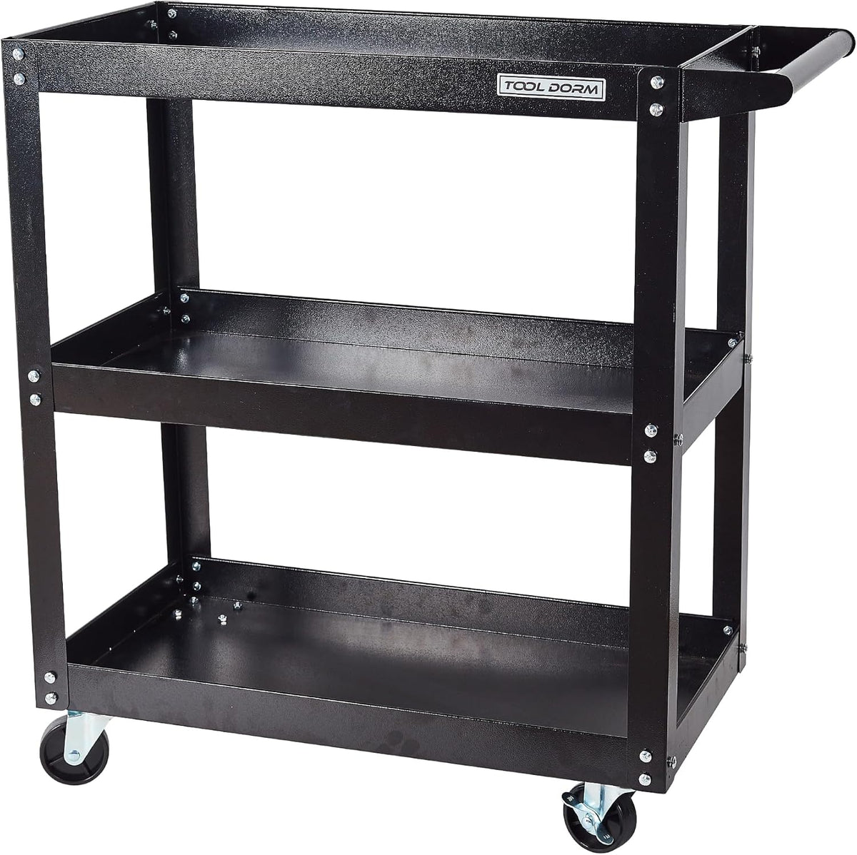 Utility Service Cart, 3 Shelf 200LBS Heavy Duty Steel Rolling Utility Cart, Medium Lipped Shelf