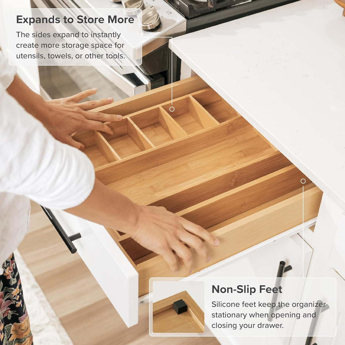 KitchenEdge Adjustable Kitchen Drawer Organizer for Utensils and Junk, Food-Safe Contract Grade