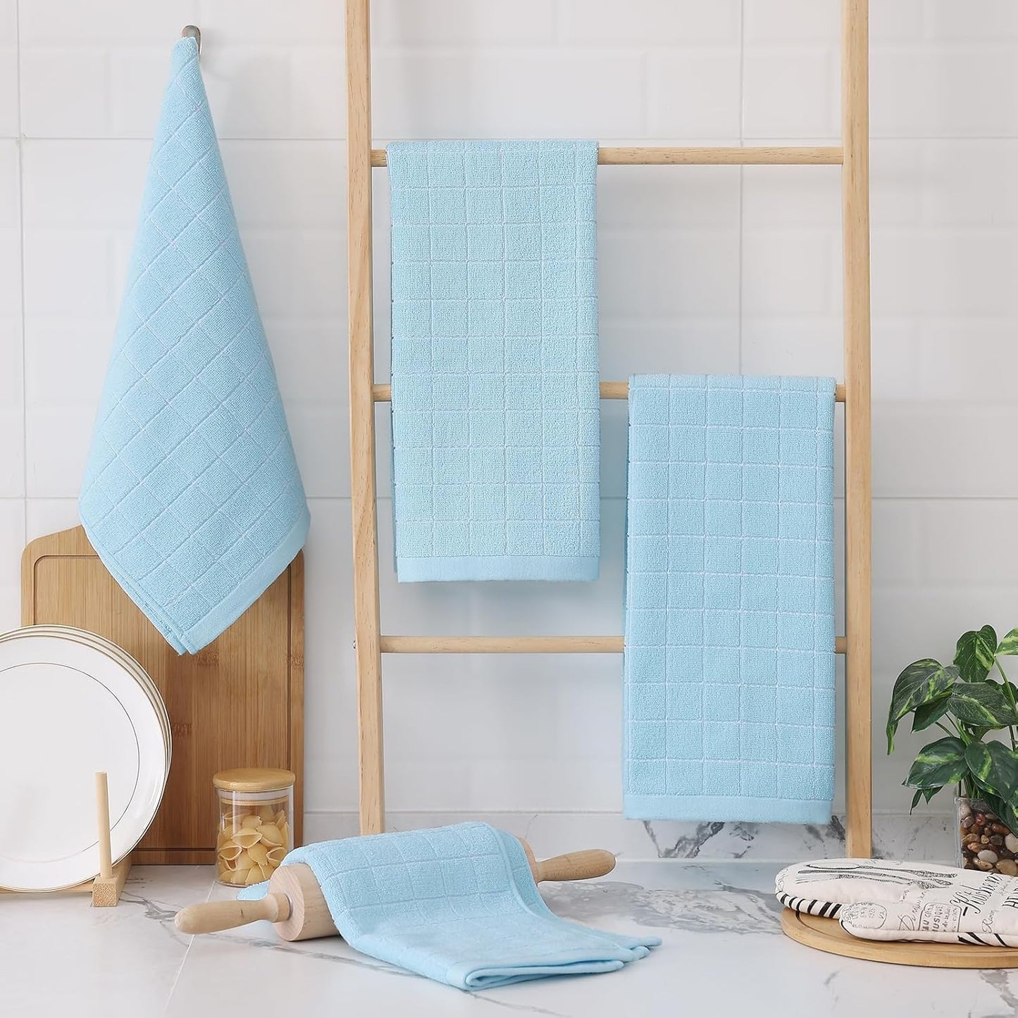 Homaxy 100% Cotton Terry Kitchen Towels(Sky Blue, 13 x 28 inches), Checkered Designed, Soft and