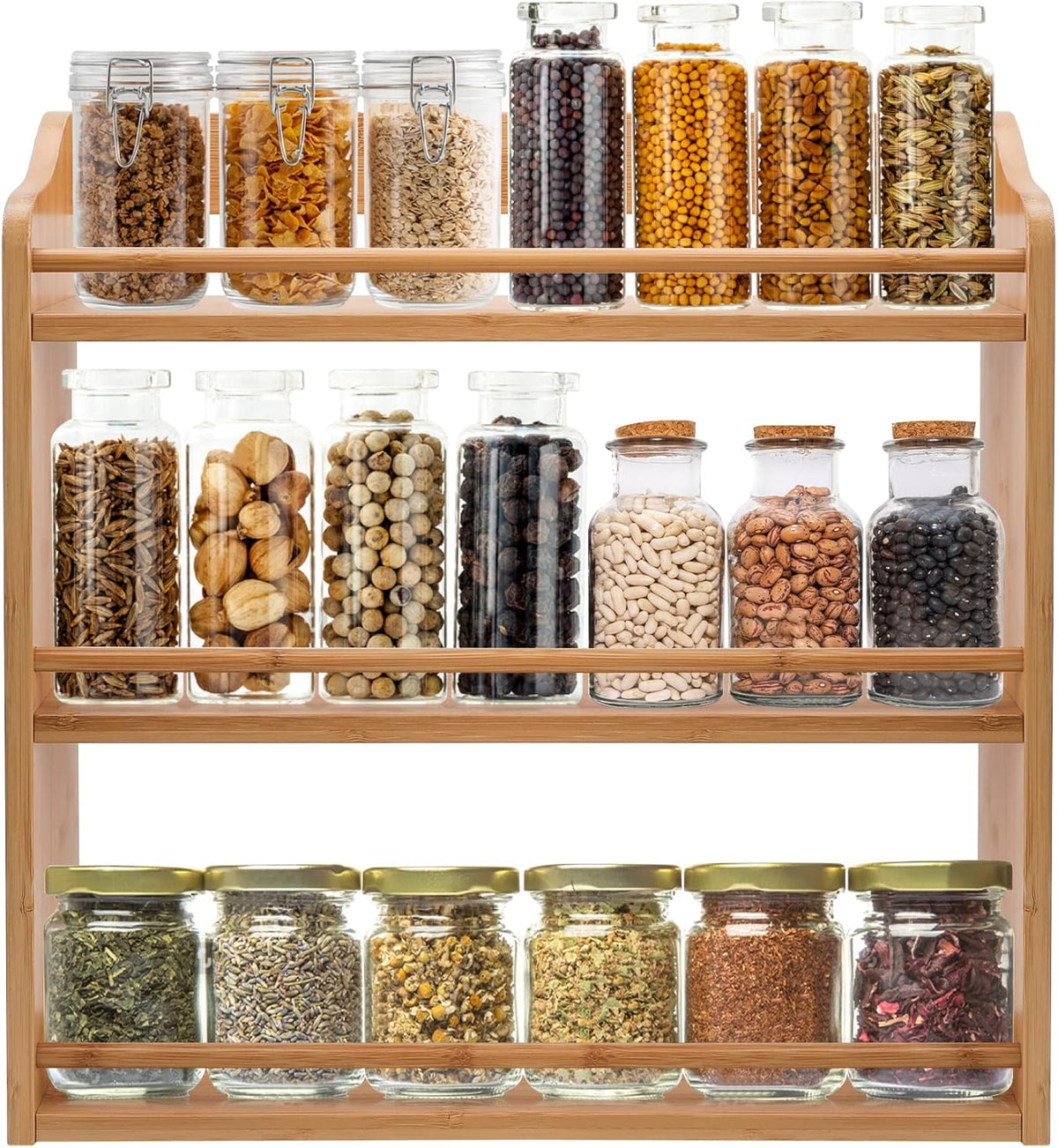 3 Tier Bamboo Spice Rack, Seasoning Jars Rack Shelf Spice Organizer for Kitchen Counter or Wall