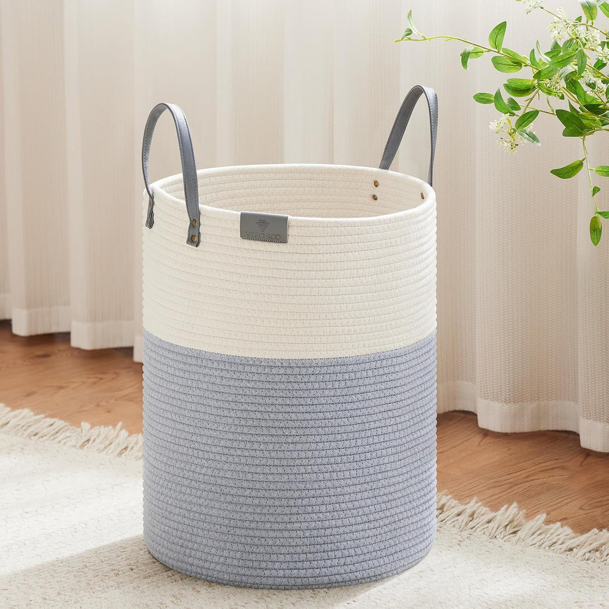 VIPOSCO Tall Laundry Basket, Large Dirty Clothes Hamper with Leather Handle, Woven Rope Storage