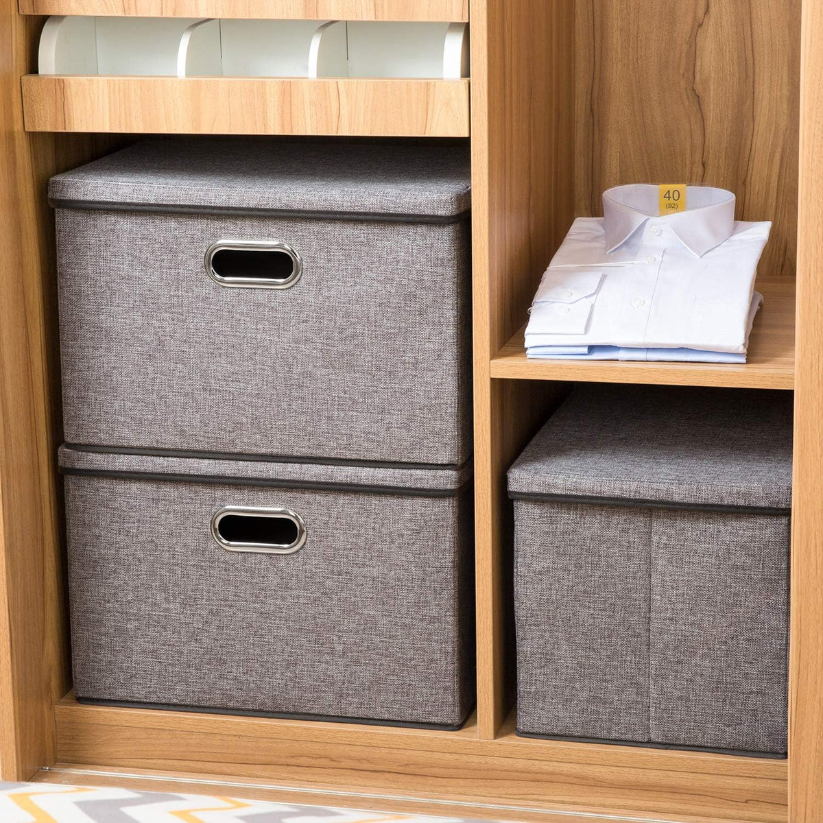 PRANDOM Large Collapsible Storage Bins with Lids [3-Pack] Linen/Cotton Blend Foldable Storage Boxes
