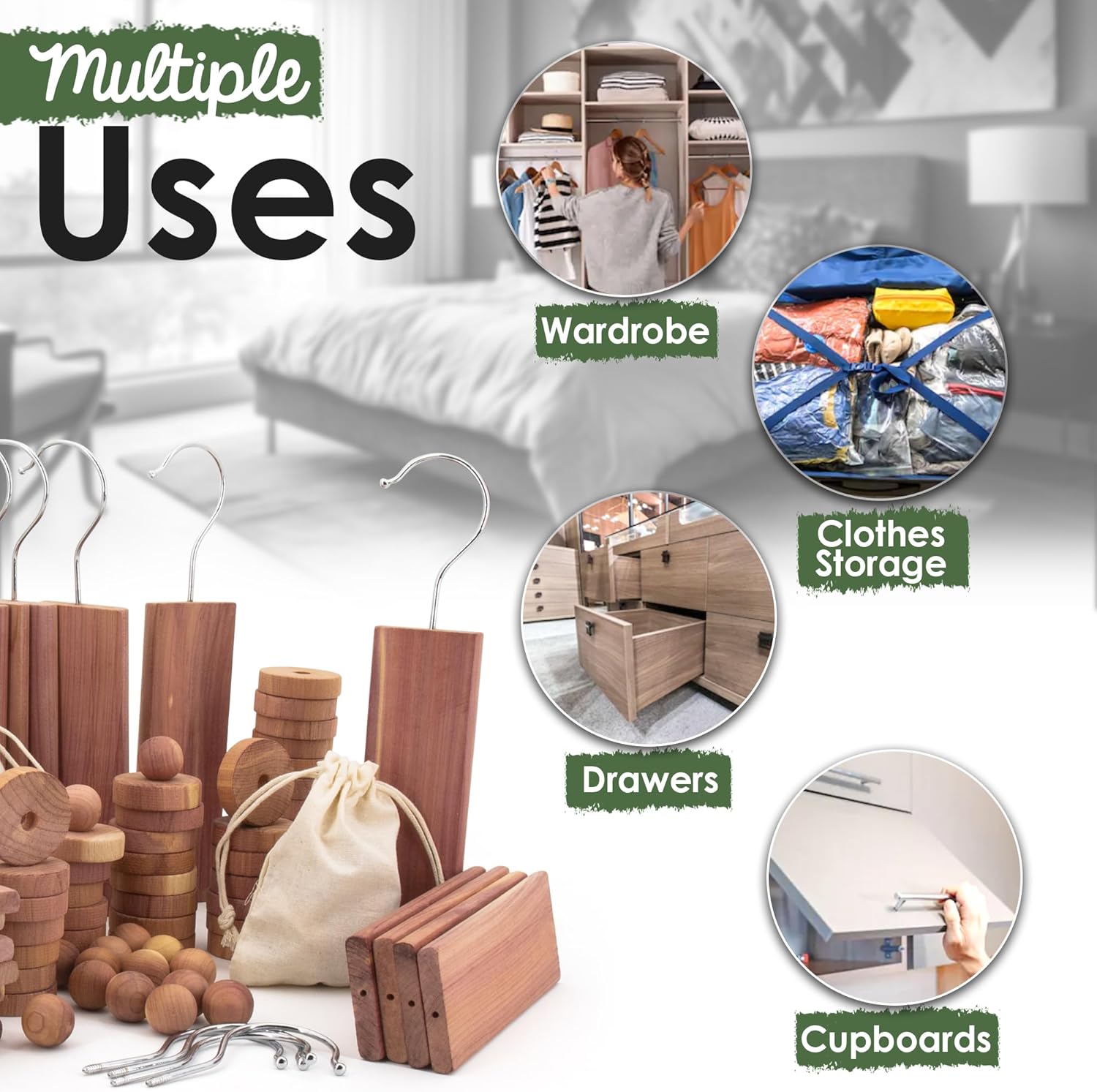 ecoKiwi Cedar Blocks for Clothes Storage Mega Bundle Box - Cedar Hangers x20, Balls x75 & Rings