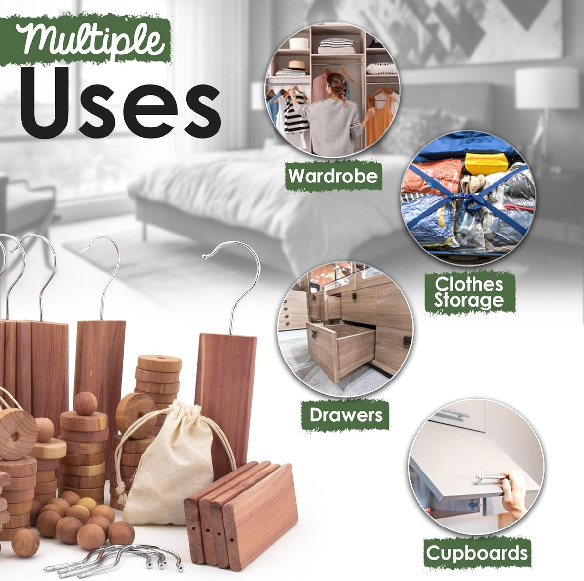 ecoKiwi Cedar Blocks for Clothes Storage Super Bundle Box - Cedar Hangers x10, Balls x30 & Rings