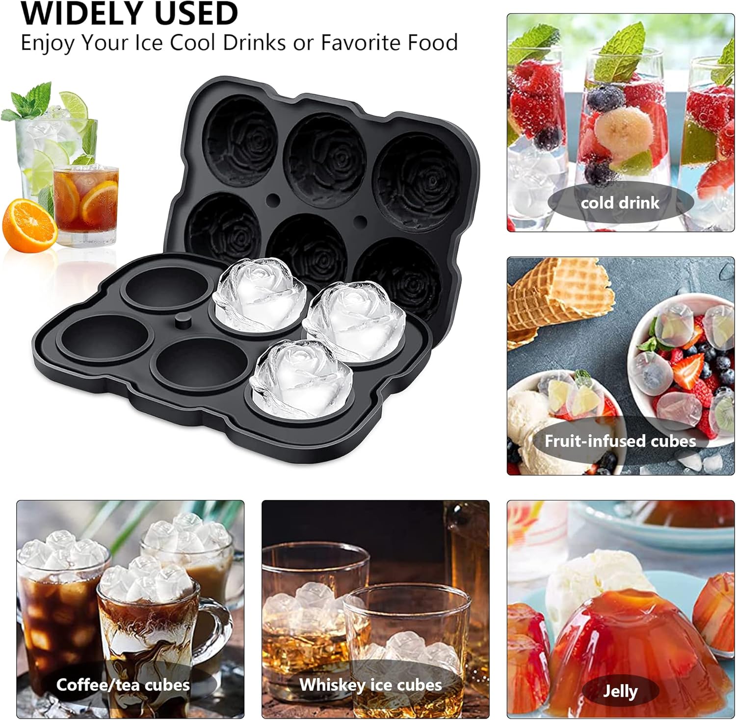 Rose Ice Cube Tray,ZACHDEE 2" Flower Silicone Ice Cube Tray With Covers,6 Easy Release Large Ice