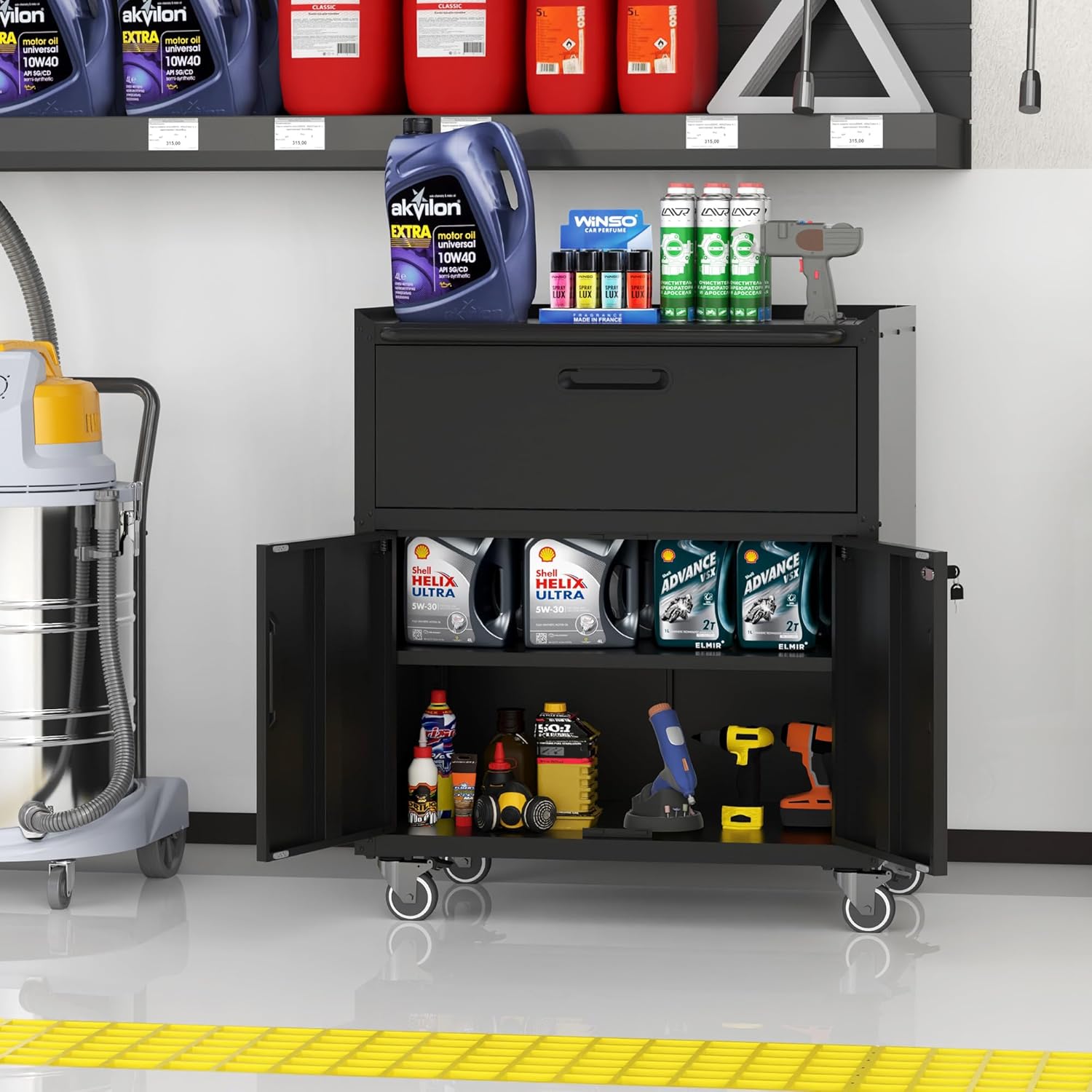 Metal Storage Cabinet with Wheels, Lockable Garage Cabinet with 2 Doors and 1 Drawer, Rolling Tool