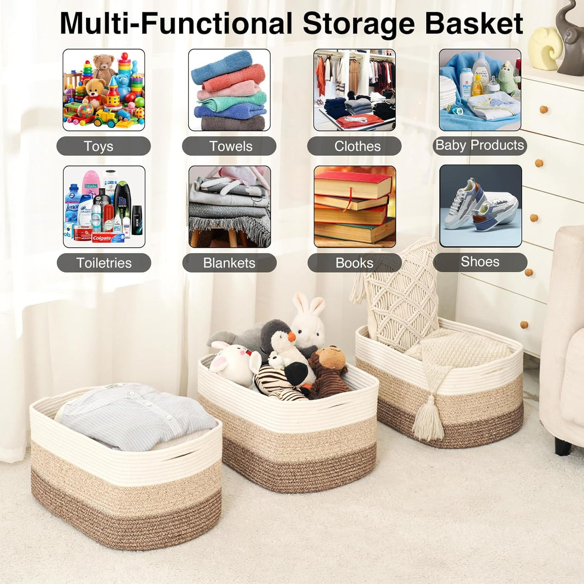 Large Storage Baskets for Organizing Shelves, Woven Cotton Rope Bins for Baby Nursery Organization