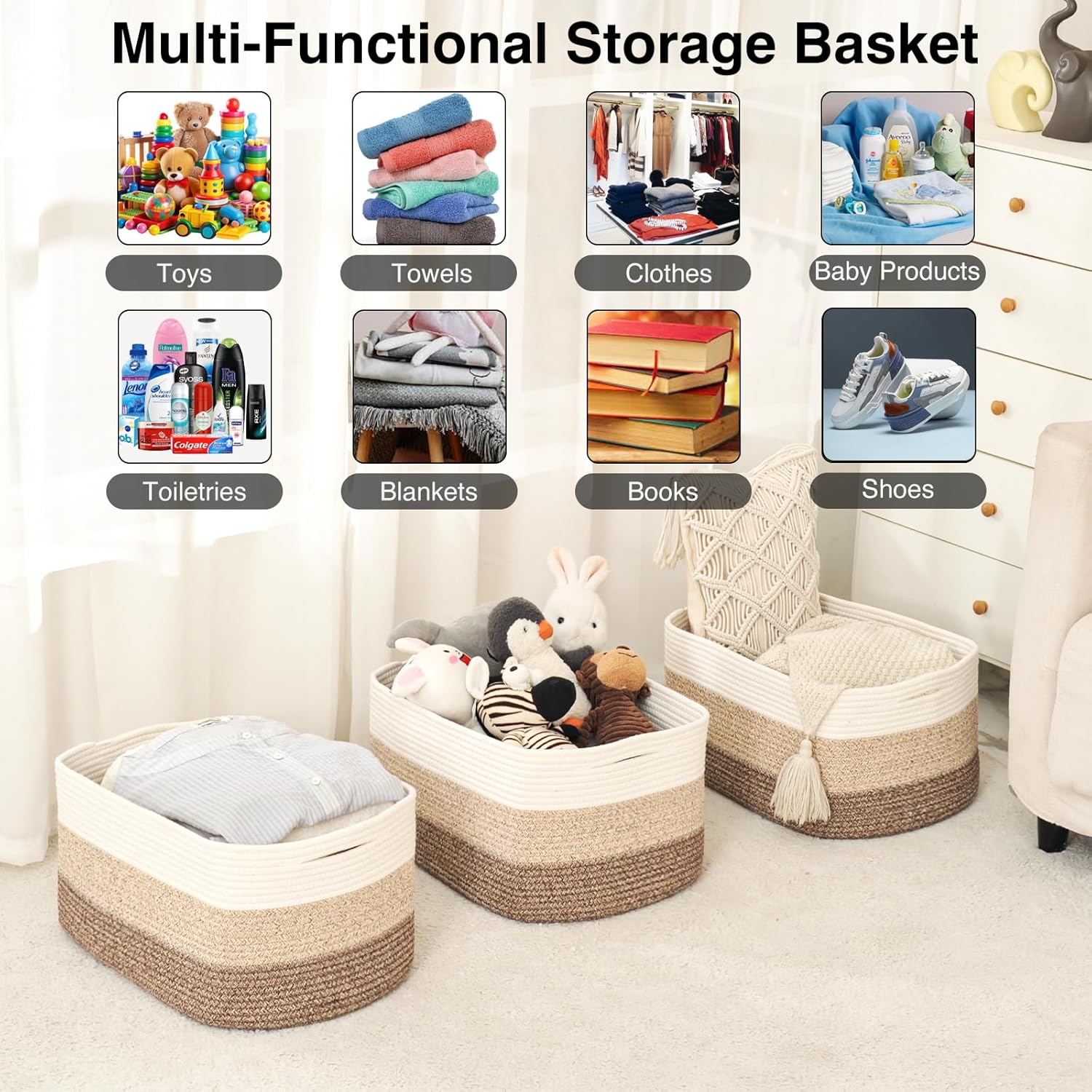 Large Storage Baskets for Organizing Shelves, Woven Cotton Rope Bins for Baby Nursery Organization