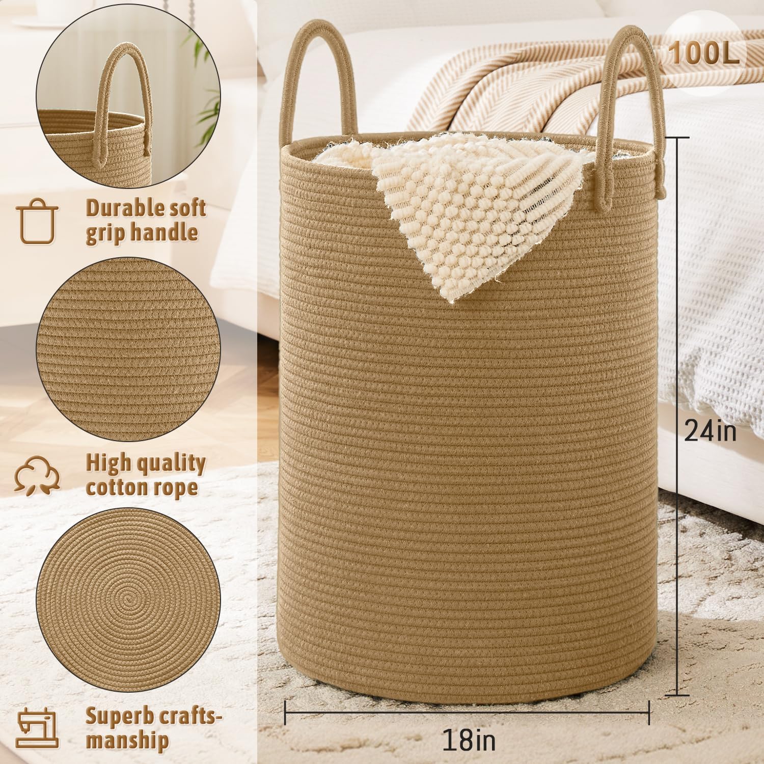 Laundry Basket,Woven Cotton Rope Laundry Hamper,100L for Decorative Storage of Dirty Clothes,Toys