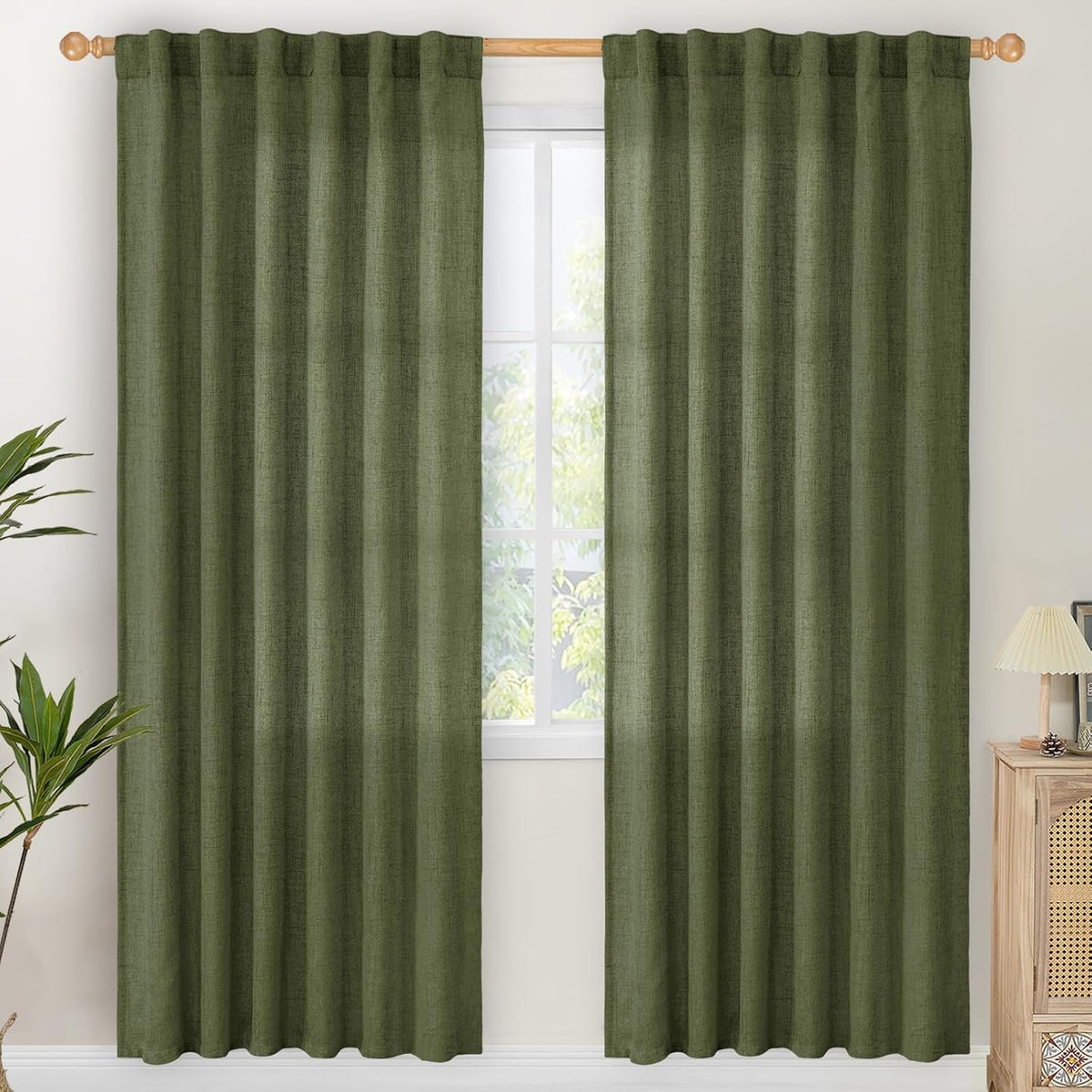 YoungsTex Olive Green Linen Curtains 78 Inch Length for Living Room, Light Filtering Semi Sheer