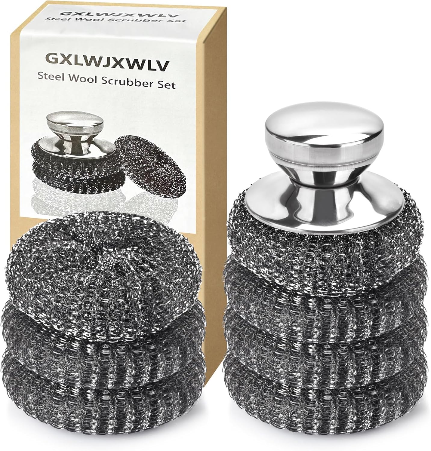 7PCS Steel Wool Scrubber Pads, Stainless Steel Scrubber Set with 1PCS Handle, Metal Scrubbers for