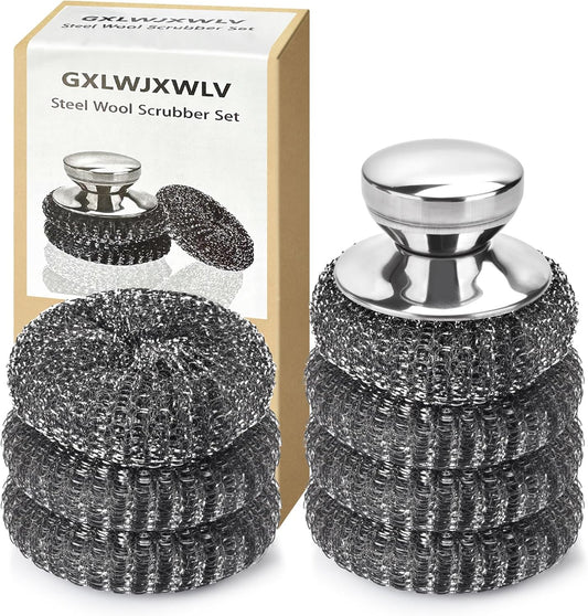 7PCS Steel Wool Scrubber Pads, Stainless Steel Scrubber Set with 1PCS Handle, Metal Scrubbers for