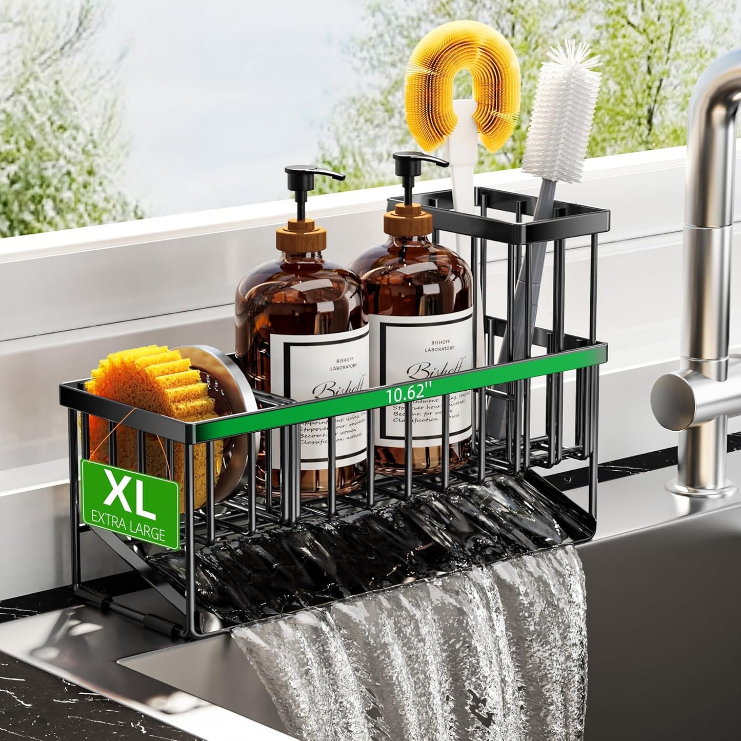 Cisily Extra Large Kitchen Sink Caddy Organzier with High Brush Holder, Sponge Holder for Sink, 304