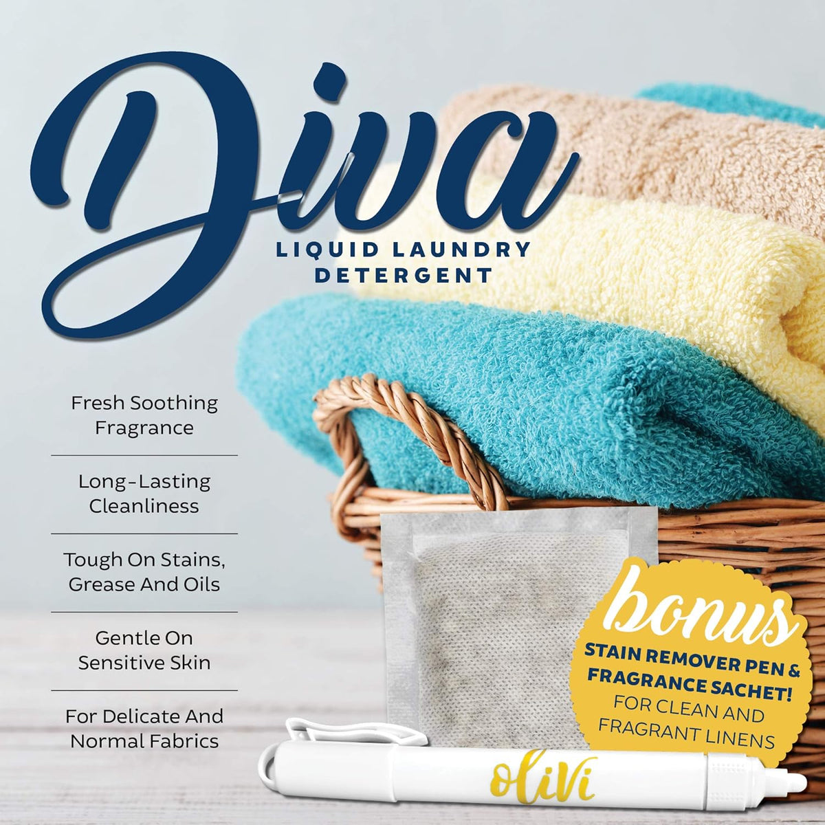 Tyler DIVA Glamorous Wash Laundry Detergent - 1 Gallon - With Olivi Stain Remover Pen - Fresh