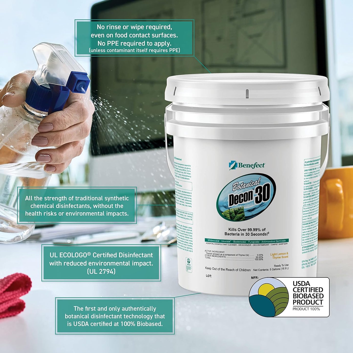 Benefect Botanical Decon 30 Disinfectant Cleaner, 5 Gallon, Light Lemon & Thyme Scent, Hospital