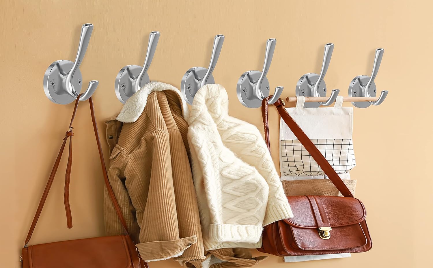 Brushed Nickel Wall Hooks, 6 Pack Coat Robe Hook Heavy Duty Metal Double Bath Hook Wall Mounted